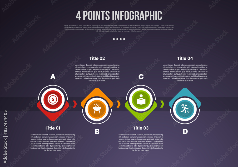 4 points or step process infographic with big circle arrow up and down ...