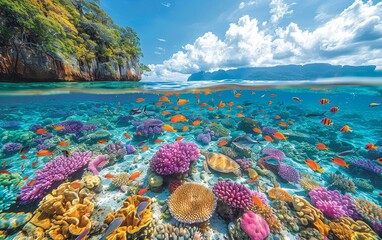 Wall Mural - Vibrant underwater coral reef teeming with colorful fish in crystal clear waters beneath a sunny sky with lush island in the background.