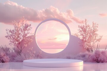 Poster - 3d render of Beauty podium with Very Peri color of the year 2022 design for product presentation and advertising. Minimal pastel sky and Dreamy land scene. Romance concept
