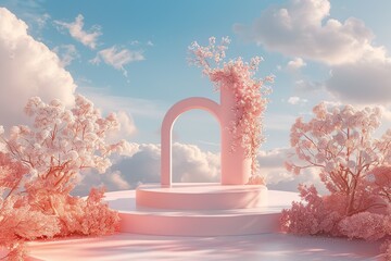 Poster - 3d render of Beauty podium with Very Peri color of the year 2022 design for product presentation and advertising. Minimal pastel sky and Dreamy land scene. Romance concept