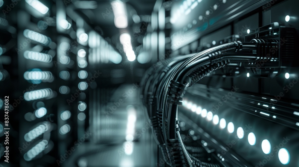 Closeup of a server room's cabling system, side view, focusing on digital network infrastructure, technology tone, Monochromatic dark gray Color Scheme