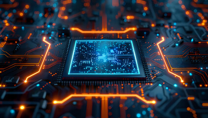 Wall Mural - A glowing blue microchip with orange circuitry on a circuit board, representing advanced technology and digital innovation. Ideal for tech-themed designs, digital backgrounds, and futuristic concepts.