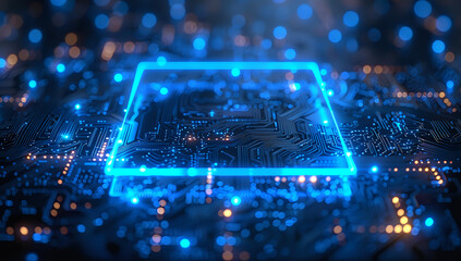Wall Mural - Glowing blue square on a circuit board, highlighting advanced technology and digital innovation. Ideal for tech-themed designs, digital backgrounds, and futuristic concepts