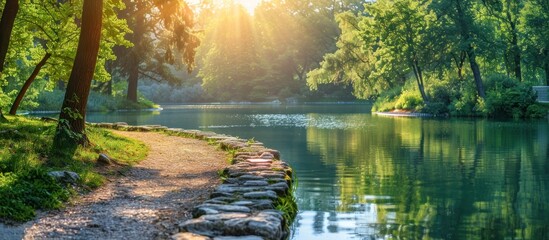 Canvas Print - A serene lake in the park, with sunlight filtering through lush green trees and casting long shadows.