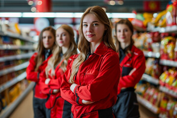 Photography of Switzerland professional supermarket service staff, stocker and cashier in grocery store.