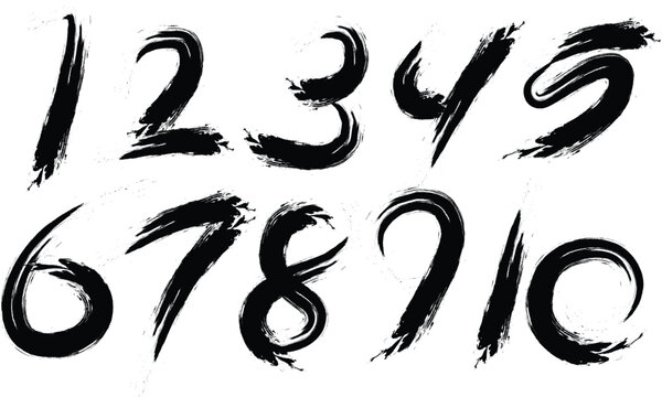 number Brush strokes paint - number Vector paintbrush, Set of decorative numbers drawn by hand with ink, Vector set of calligraphic hand written numbers. Design elements, brush lettering.