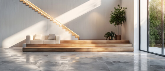 Hyperrealistic panorama of a modern minimalist interior with beton concrete floor, stylish furniture, white walls, and wooden staircase, studio lighting