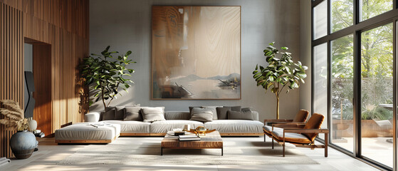 Large poster mockup in a contemporary living room with neutral gray and light wood elements