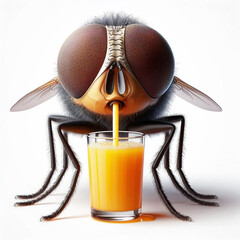 close up portrait of a fly drink juice from a glass by straw 