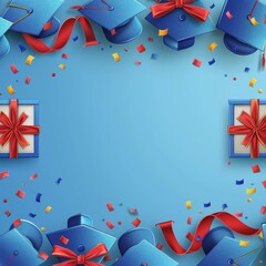 Wall Mural - Celebration Background with Graduation Caps, Gift Boxes, and Confetti on Blue Backdrop - Perfect for Graduation and Birthday Events