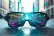 © Porawit - Augmented reality glasses overlaying digital information, urban navigation, smart city, front view, showcasing advanced technology, digital tone, vivid color scheme.