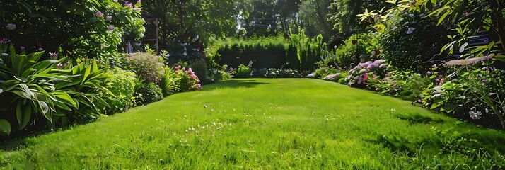 Wall Mural - a lush green lawn adorned with a variety of colorful flowers, including purple, pink, and white blooms, set against a backdrop of lush green grass