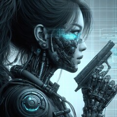 Wall Mural - Cyber Woman with Model Engine: A futuristic depiction of a woman standing alongside a sleek, cybernetic engine, blending technology and femininity seamlessly