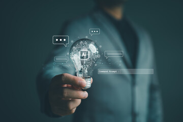 Poster - Ai technology, Artificial Intelligence. man using technology smart robot AI, artificial intelligence by enter command prompt for generates something, Futuristic technology transformation. Chat with AI