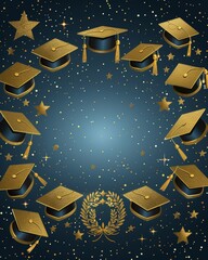 Wall Mural - Graduating Class Celebration Background with Gold Caps and Stars in Circular Design on Blue Starry Background
