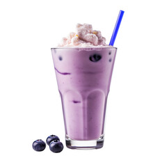 Wall Mural - filled glass of blueberry milkshake with a straw isolated on white background