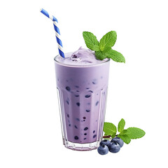 Wall Mural - filled glass of blueberry milkshake with a straw isolated on white background