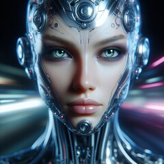 Wall Mural - Cyber Woman with Model Engine: A futuristic depiction of a woman standing alongside a sleek, cybernetic engine, blending technology and femininity seamlessly