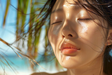 Serene Asian woman closing her eyes, feeling the warmth of the sun amidst tropical palms, a moment of peaceful bliss.