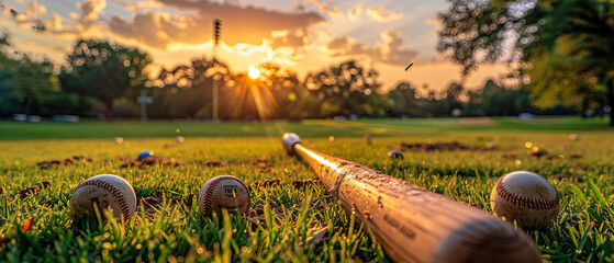 Sunset view of a baseball bat and golf balls in a park during summer