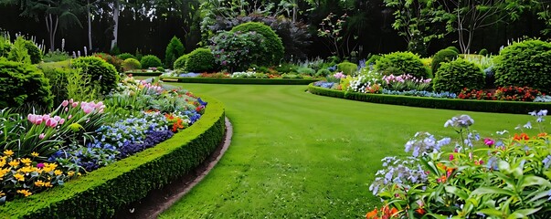 Wall Mural - a lush green garden with a variety of colorful flowers, including purple, pink, and white blooms, surrounded by a hedge