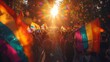 © Old Man Stocker - Crowd Marching with Rainbow Flags. Large crowd marches with rainbow flags under the sunlight, celebrating unity and pride at an LGBTQ Pride event.