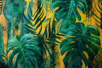 Wall Mural - A painting of a lush green jungle with a yellow background