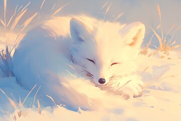 super cute illustration of an arctic fox hunting, vibrant colors, soft focus, detailed fur texture, 