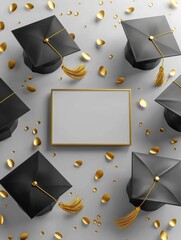 Wall Mural - Top view of arranged graduation caps and a blank frame in the center with scattered gold decorations, symbolizing academic achievement