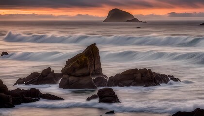 Wall Mural - Cloudy skies and sunset over Oregon Coast Pacific ocean rocky outcrops. Cloudy skies red and orange sunset hues over the Oregon West Coast Pacific Ocean and rocky outcrops, calm ocean waves

