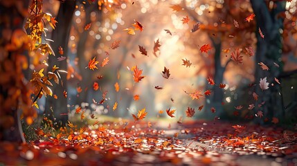 Wall Mural - Falling Leaves: Leaves gently falling onto the path, captured in mid-air, highlighting the dynamic beauty of the changing seasons