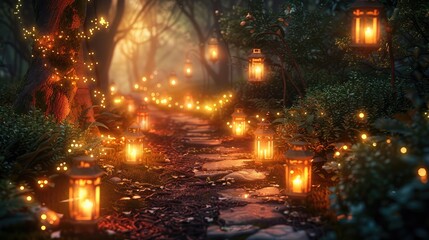 Wall Mural - Lantern-lit Path: The pathway illuminated by lanterns or fairy lights at dusk, creating a magical and enchanting atmosphere