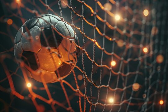 A soccer ball is in the air, and the net is lit up with bright lights.