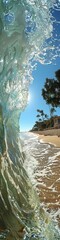 Wall Mural - A beautiful wave with clear water and a tropical sunny beach in the distance. 