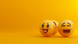 © W - A bunch of yellow smiley faces are arranged in a circle on a yellow background. The scene is cheerful and happy