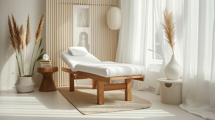 Elegant and bright massage setup with a minimalistic design, featuring a massage table and essential oils, isolated on a white background.