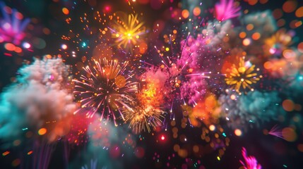 Close-up of vibrant fireworks exploding with radiant colors against a deep black background