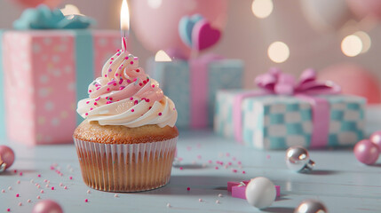 Wall Mural - cupcake with candles and present box