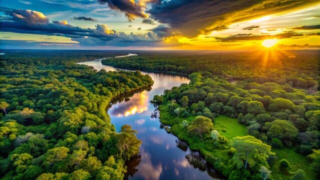 Vibrant aerial view of amazon rainforest's lush green canopy, majestic river, and serene landscape at sunset, showcasing nature's splendor in brazil's amazonia.