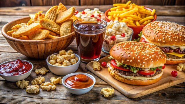 Colorful arrangement of unhealthy american snacks on a table: juicy hamburger, crispy fries, gooey pizza, crunchy nachos, and sweet popcorn, surrounded by ketchup and soda.