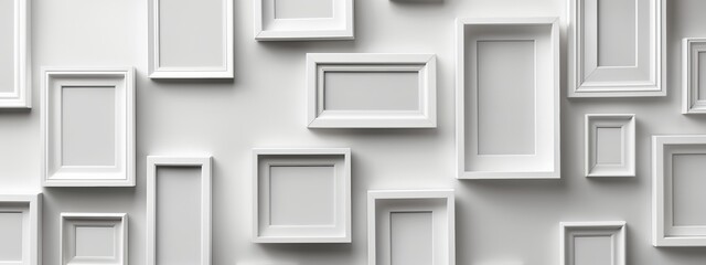 Minimalist display of white empty frames arranged in a creative pattern on a white background. This clean and modern design is perfect for contemporary decor and art lovers.