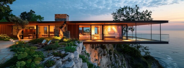 Wall Mural - Contemporary, cantilevered house perched on the edge of a cliff with panoramic views generated by AI