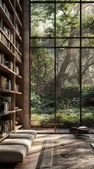 Wall Mural - Serene, minimalist library with floor-to-ceiling windows overlooking a tranquil garden generated by AI