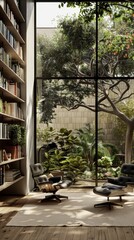 Wall Mural - Serene, minimalist library with floor-to-ceiling windows overlooking a tranquil garden generated by AI