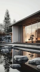 Wall Mural - Sleek, minimalist house with large windows and a flat roof, surrounded by a tranquil zen garden generated by AI