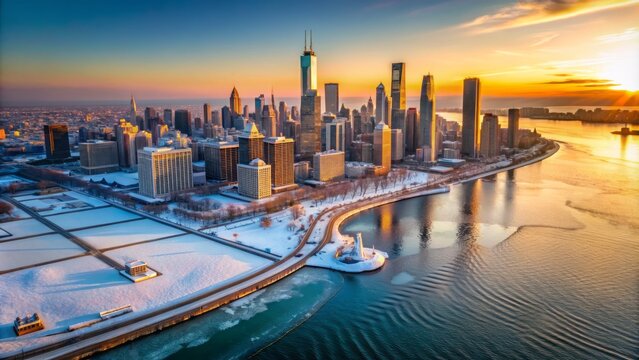 Serene aerial view of chicago's snowy cityscape at dawn, featuring navy pier, frozen lake michigan shoreline, and twinkling skyscrapers bathed in warm morning light.