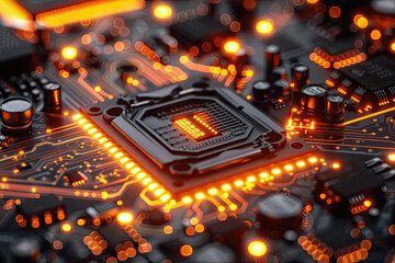 Wall Mural - Close-Up of Glowing Electronic Circuit Board with Microchip and Orange Lights