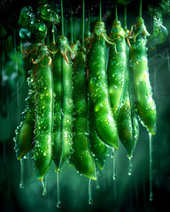 Wall Mural - A bunch of green peas are hanging from a tree. The image has a mood of freshness and natural beauty