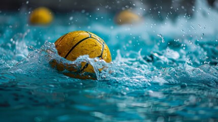 Wall Mural - Water polo ball splashing in pool - A vibrant image capturing a water polo ball making a splash in blue pool water, highlighting the dynamic nature of water sports