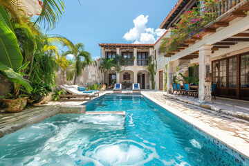 Wall Mural - A luxurious Caribbean villa with a large pool and outdoor hot tub, with Spanish colonial architecture and a lush garden.